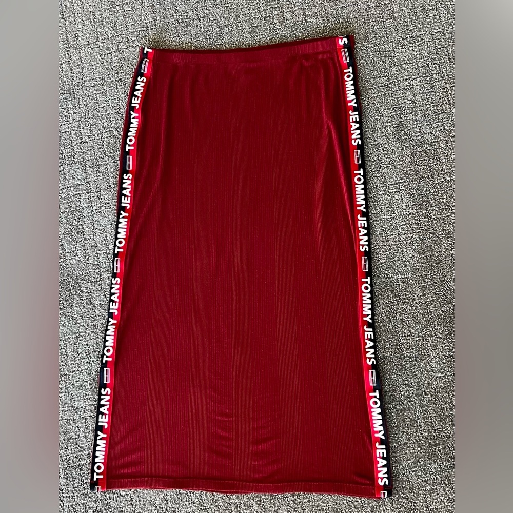 Tommy Jeans Deep Red Ribbed Logo Tape Skirt Size M – Bodycon Y2K Streetwear